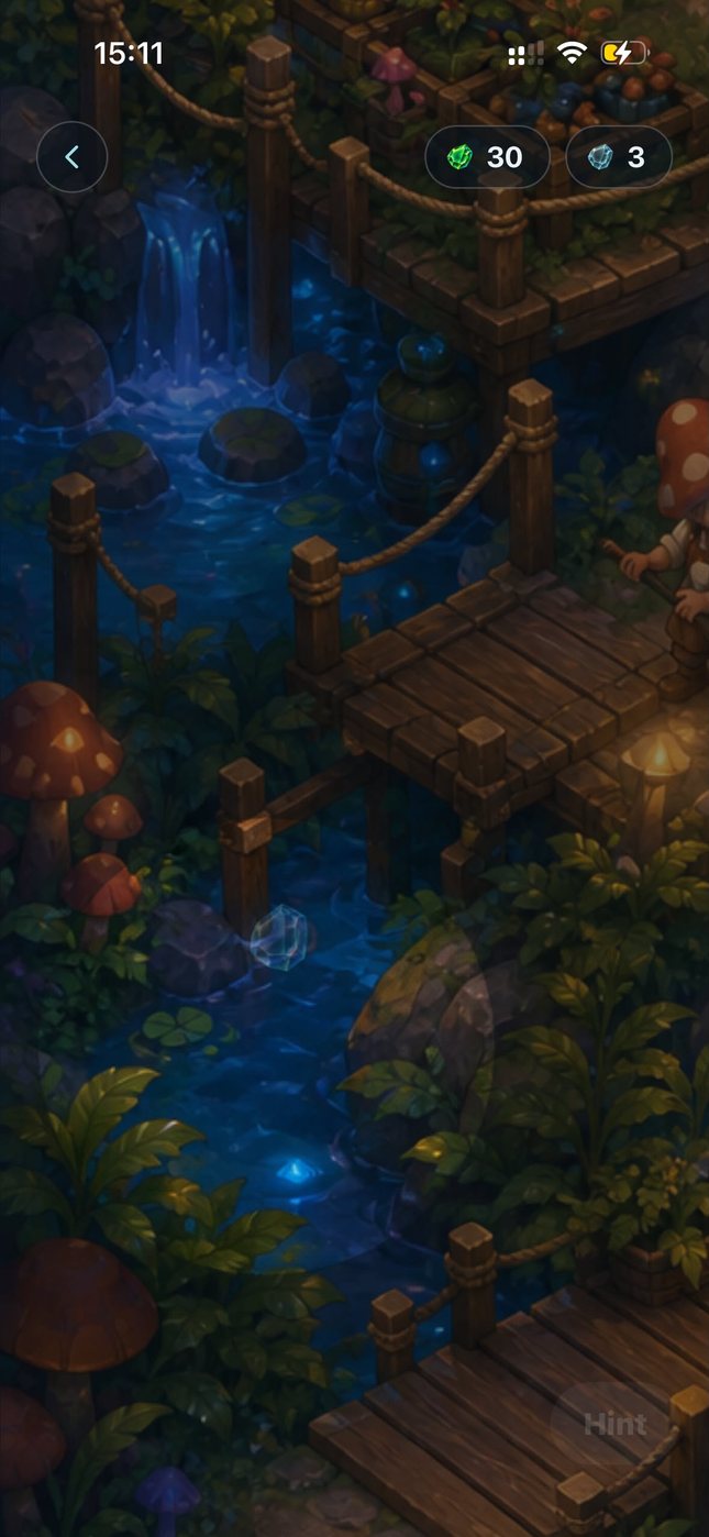 The same world zoomed in: a wooden bridge over glowing blue water, with a pale gem resting among the rocks below it.