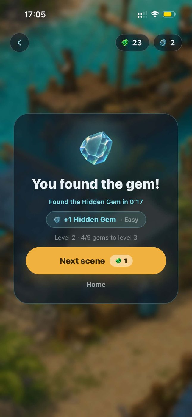 The result card: the gem was found in seventeen seconds, with level progress and a button for the next scene.